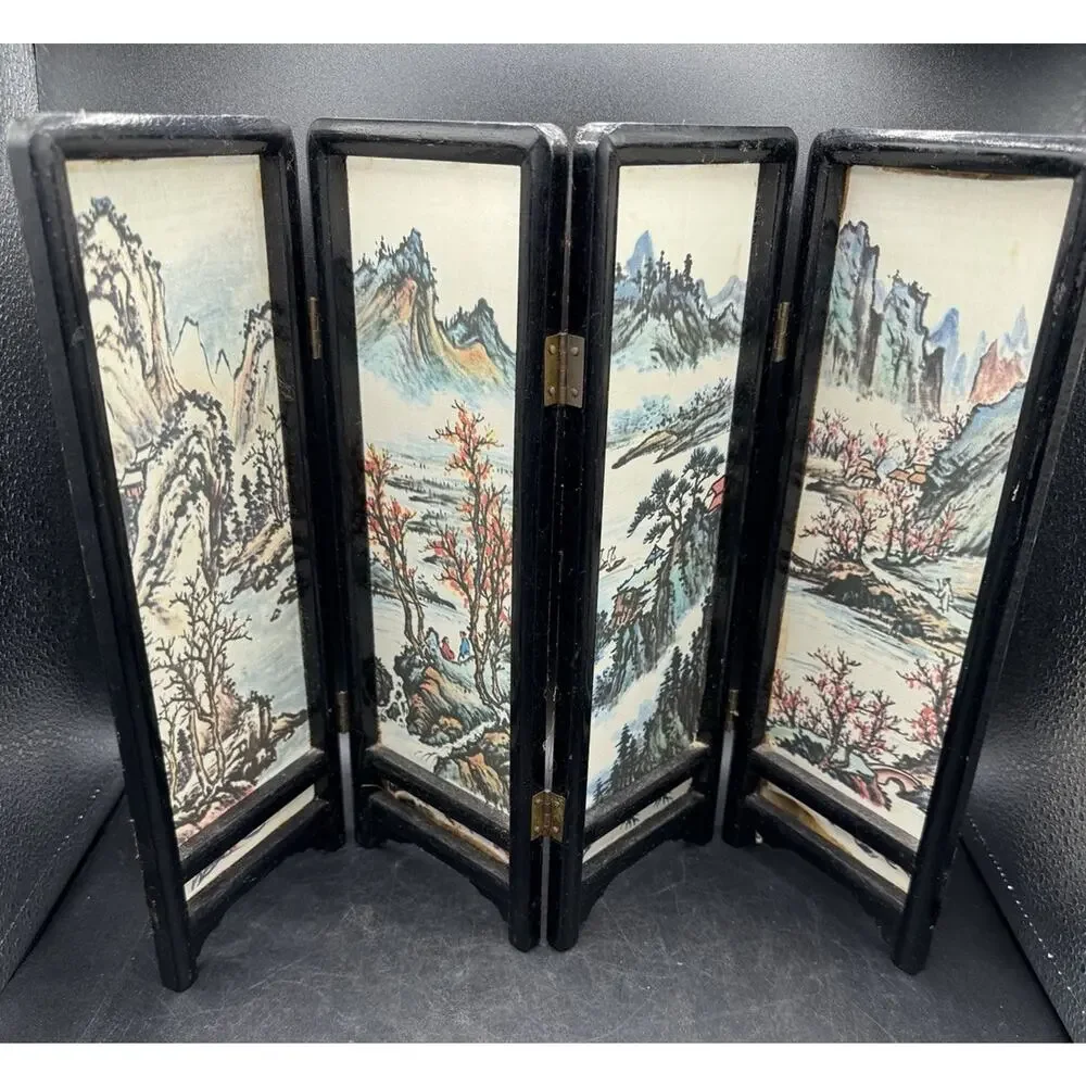 Vintage Asian Style 4 Panel Folding Doll House Screen Hand Painted Landscape